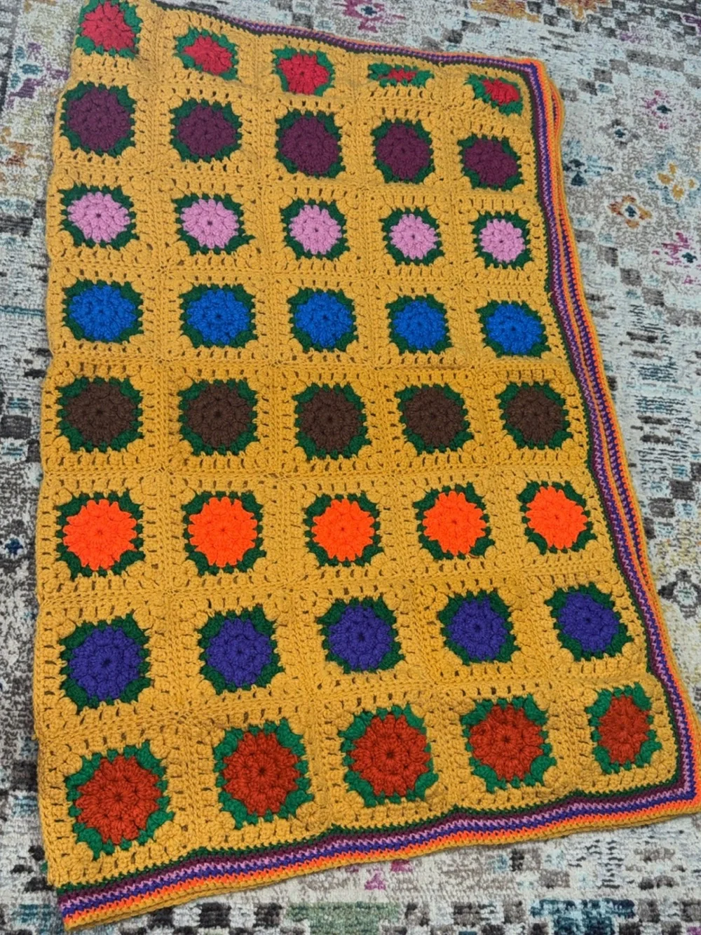 Handmade Mustard Yellow Crochet Granny Square Throw Blanket